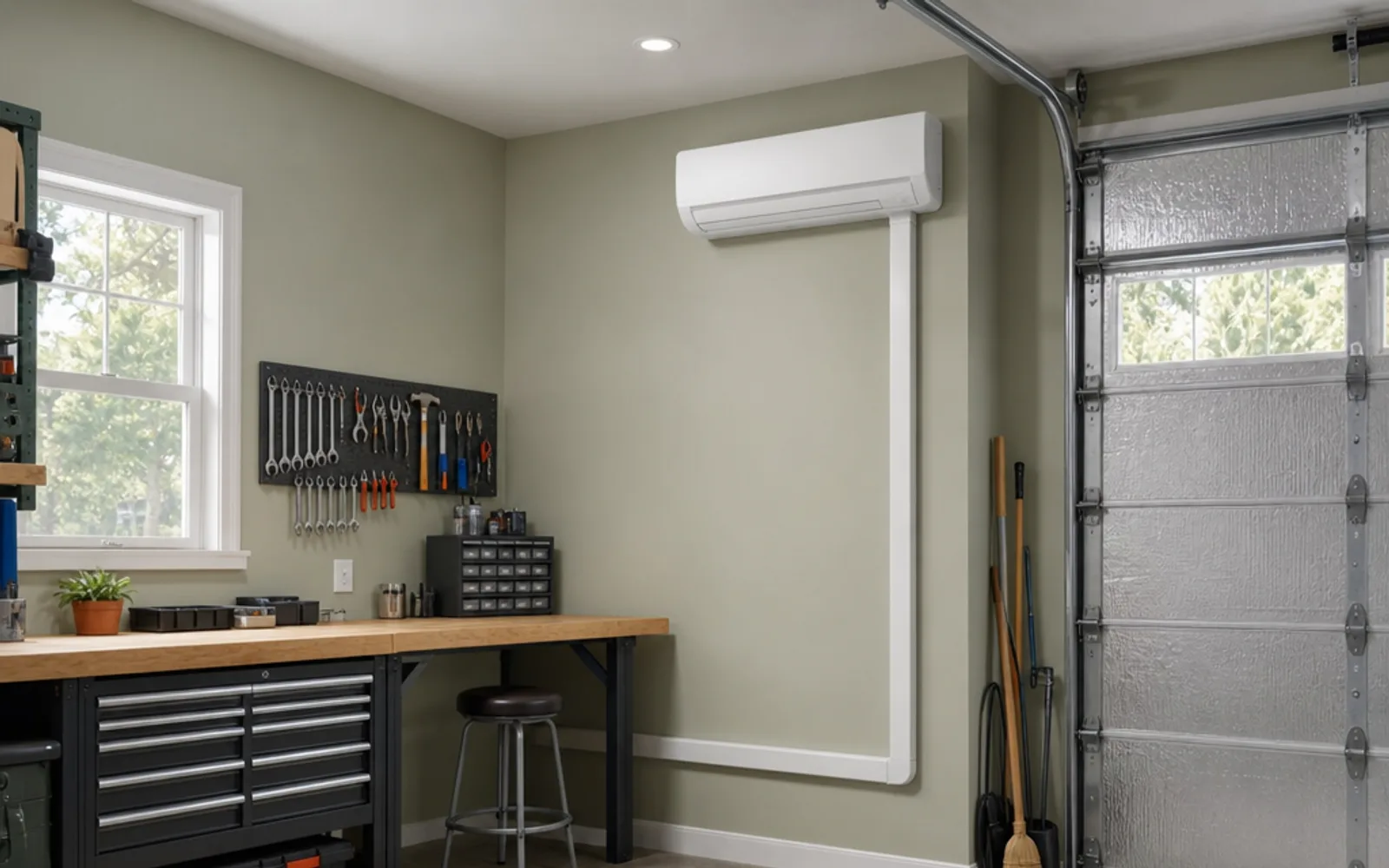 Illustration: garage workshop with a wall-mounted ductless mini-split indoor head