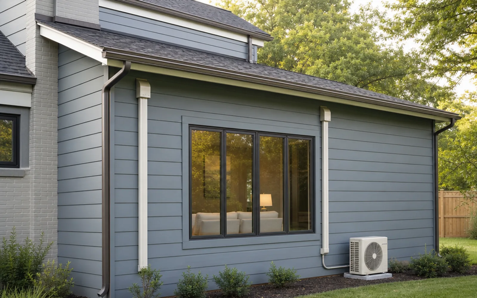 Illustration: home addition exterior with ductless mini-split line-set covers and outdoor condenser