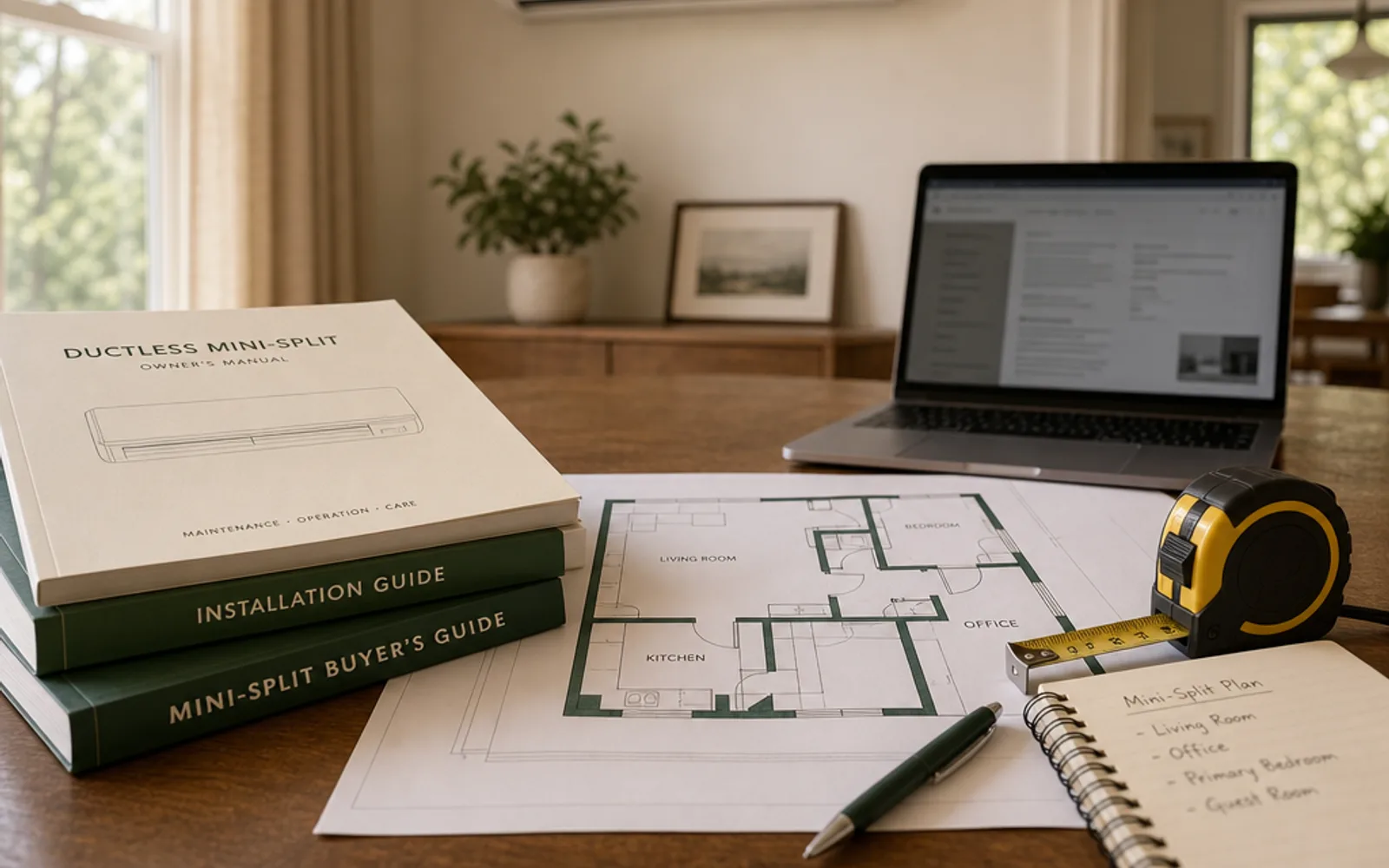 Illustration: mini-split planning materials, floor plan, and tape measure on a table